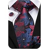 Hi-Tie 63" 70" Ties for Men Silk Extra Long Mens Ties Set and Pocket Square Cufflinks Paisley Necktie Business Wedding