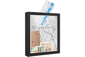 HVIWW Adventure Archive Box, Travel Shadow Box Frame, Memory Box for Keepsakes, Ticket Collection Holder with Slot, Hang Memorabilia, Awards, Wedding, Tickets, and Photos (Black, 8x8")