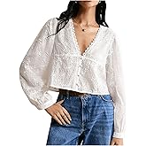 SHENHE Women's Floral Embroidered Long Sleeve Button Crop Blouse Sheer Dressy Top Shirt