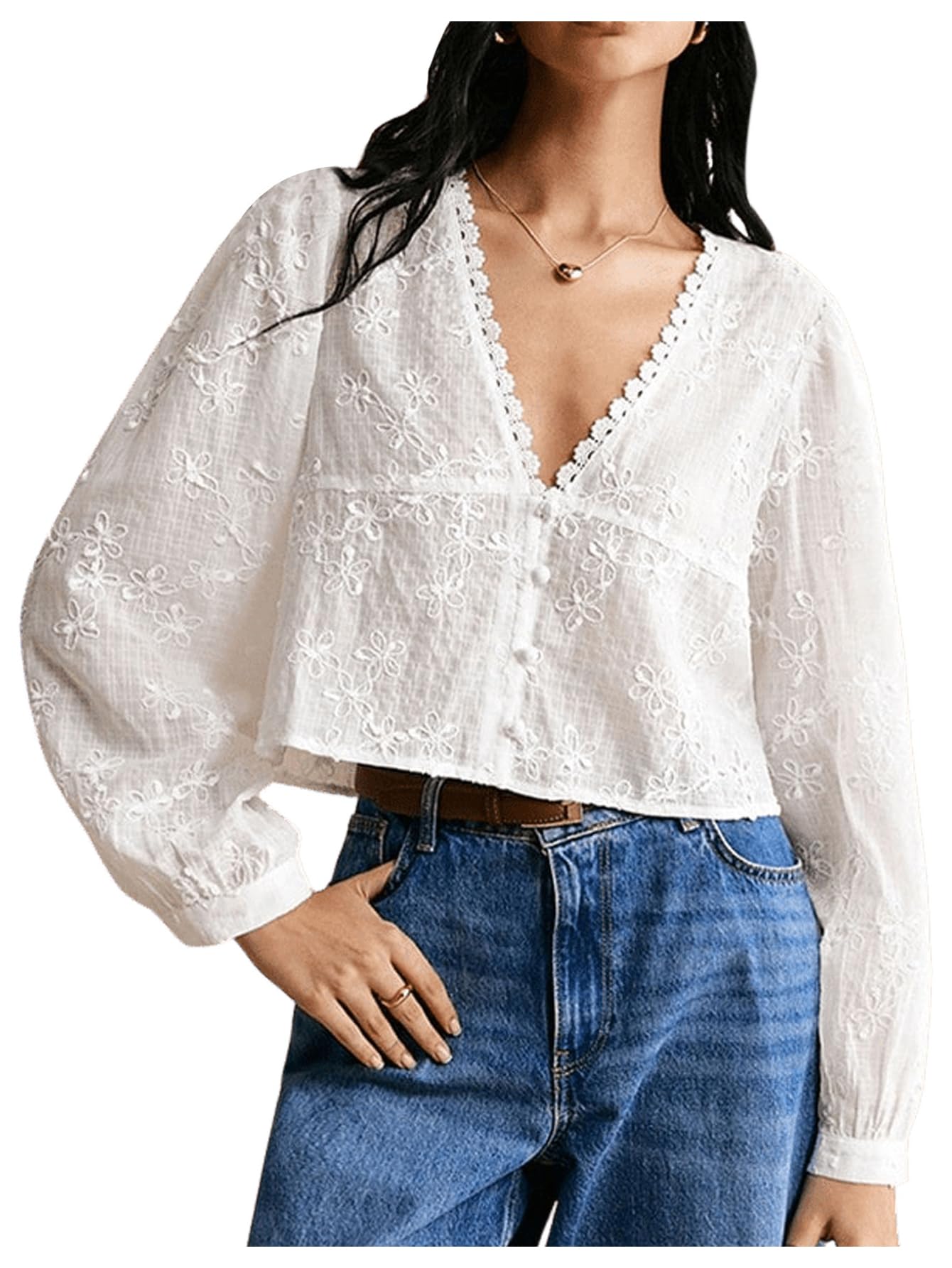 Photo 1 of (medium) (bagged) SHENHE Women's Floral Embroidered Long Sleeve Button Crop Blouse Sheer Dressy Top Shirt White Medium