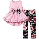 PATPAT Toddler Girl 2 Piece outfits Sleeveless Ruffle Hem and Floral Pants Leggings Set for Girls