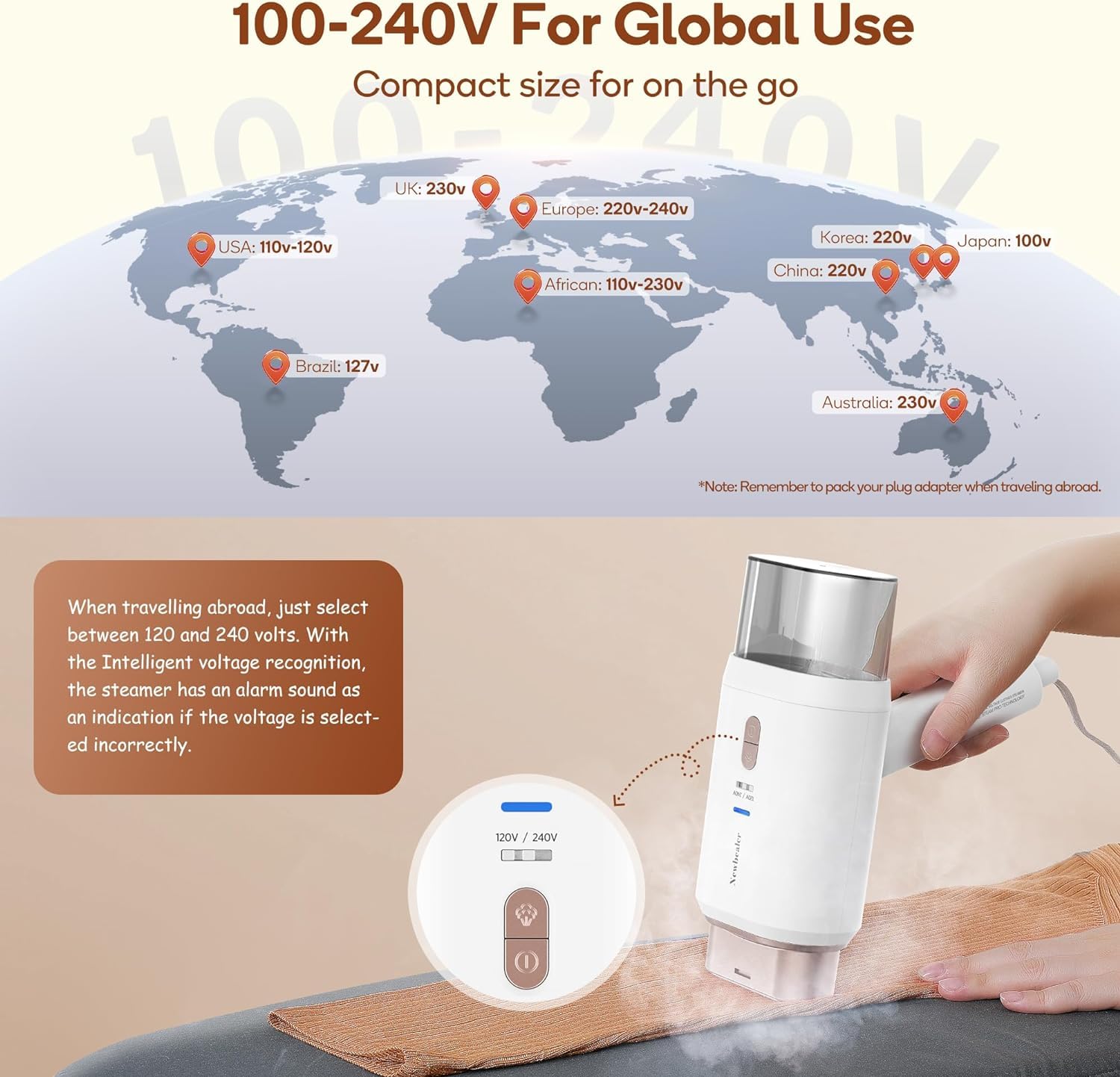 Newbealer Dual Voltage Garment Steamer - 120V/220V, 1200W Powerful Steamer for Clothes, Home & Travel Use, Horizontal & Vertical Steaming, 20s Heat-up, Foldable, 1.72lbs, 180ml (Gold)