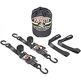 PowerTye 1.5in x 6ft Ergonomic Ratchet Tie-Down Kit w/Latching Hooks, Soft-Tyes, and Storage Bag - Made in USA - 1,000 lb. WLL / 3,000 lb. Breaking Strength - Black (Kit)