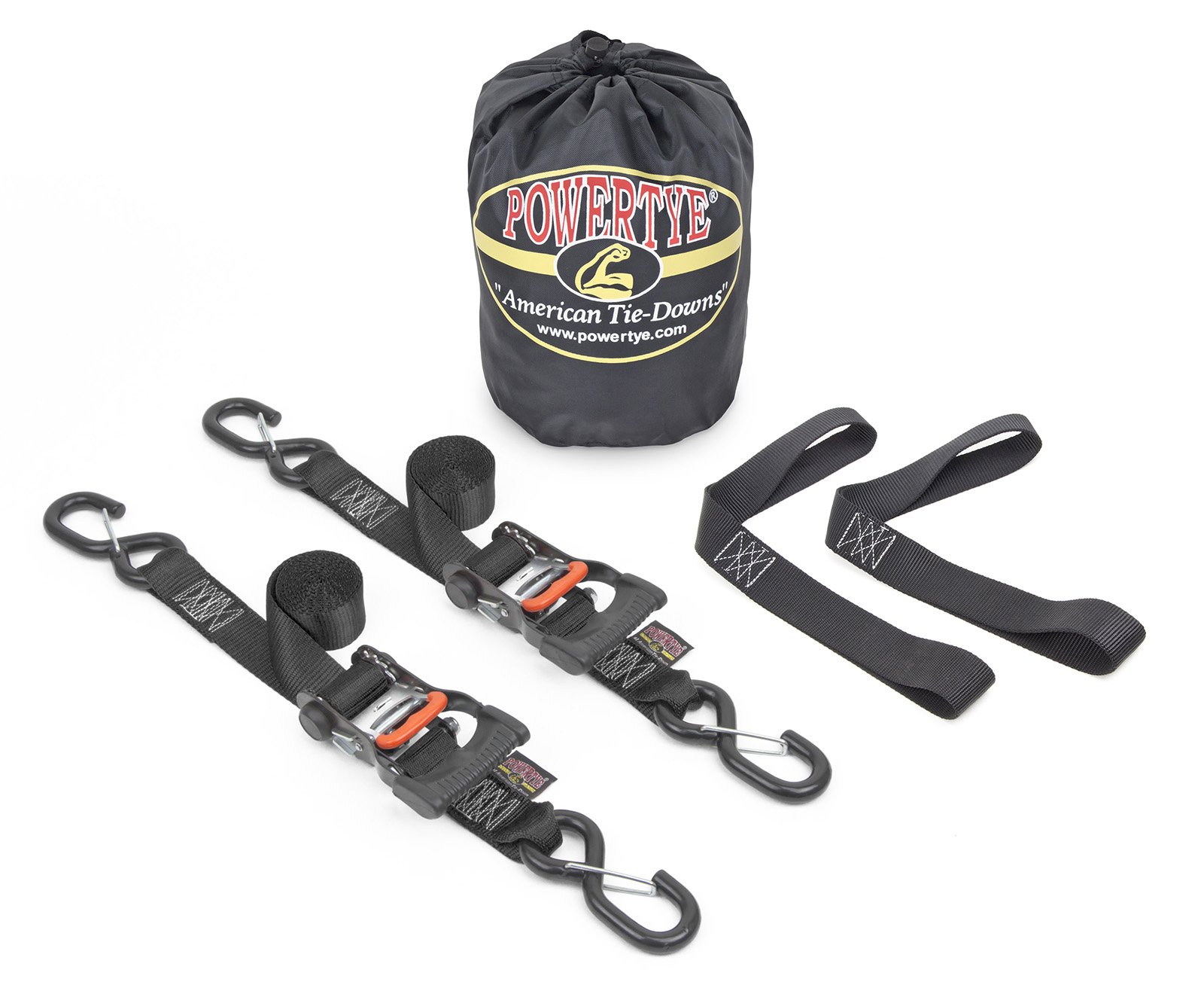 PowerTye Mfg 1½in x 6ft Ergonomic Ratchet Tie-Down Kit, Made in USA with 1½in x 18in Soft-Tyes and Storage Bag, Black (Kit)