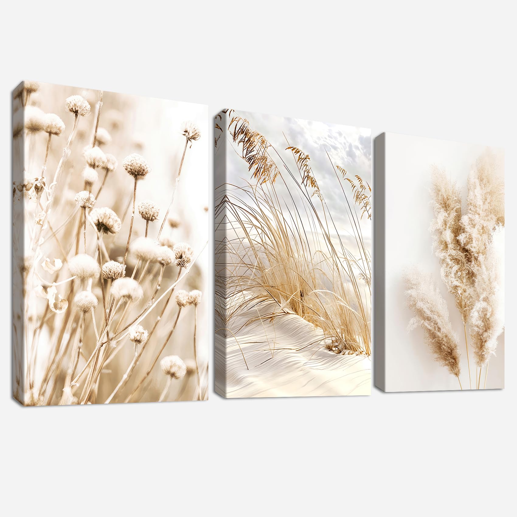 3Pcs Wooden Framed Canvas Wall Art Set Beige Dandelion Pampas Grass Reeds Painting Canvas Prints Coastal Beach Seascape Pictures for Living Room Bedroom Kitchen Hallway Stairs Wall Decor 30x40cm x3pcs — image 1