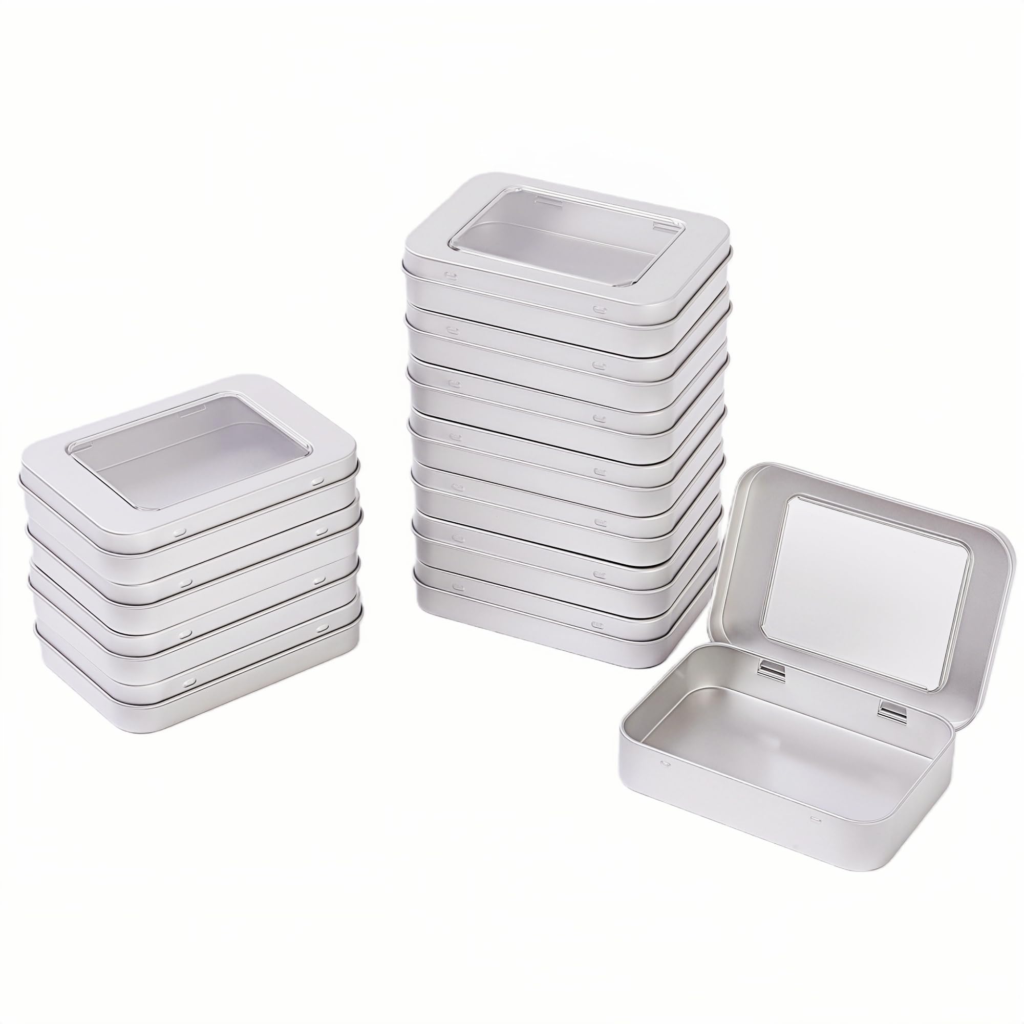LJY 12 Pack Silver Mini Metal Tin with Hinged Lid and Clear Window 10 x 7 x 2 cm - Rectangular Small Storage Tin Box for DIY Crafts, Beads and Small Item Organiser Containers