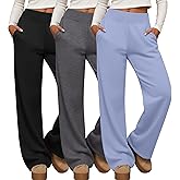 Neer 3 Pack Women's Wide Leg Sweatpants with Pockets Ribbed Wide Waist Casual Loose Pants Yoga Joggers Lounge Sweat Trouser(Black, Gray, Light Blue,Medium)