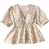 SOLY HUX Women's Short Sleeve V Neck Floral Blouse Tie Front Shirts Boho Peplum Tops