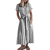 chouyatou Women's Summer Short Sleeve Striped Maxi Long Shirt Dress Boho Business Casual Cotton Dresses