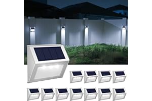 JSOT Outdoor Fence Lights,12 Pack Solar Powered Deck Lights Waterproof Stairs Light Stainless Steel Security Wall Lamps for Step Walkway Patio Garden Pathway - Cool White
