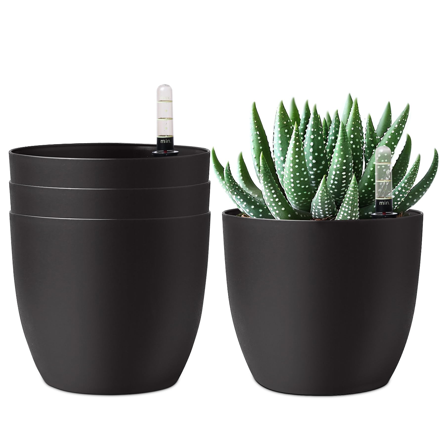 T4U 15CM Plastic Self Watering Planter with Water Level Indicator Black Set of 4, Modern Decorative Planter Pot for All House Plants, Flowers, Herbs, African Violets, Succulents