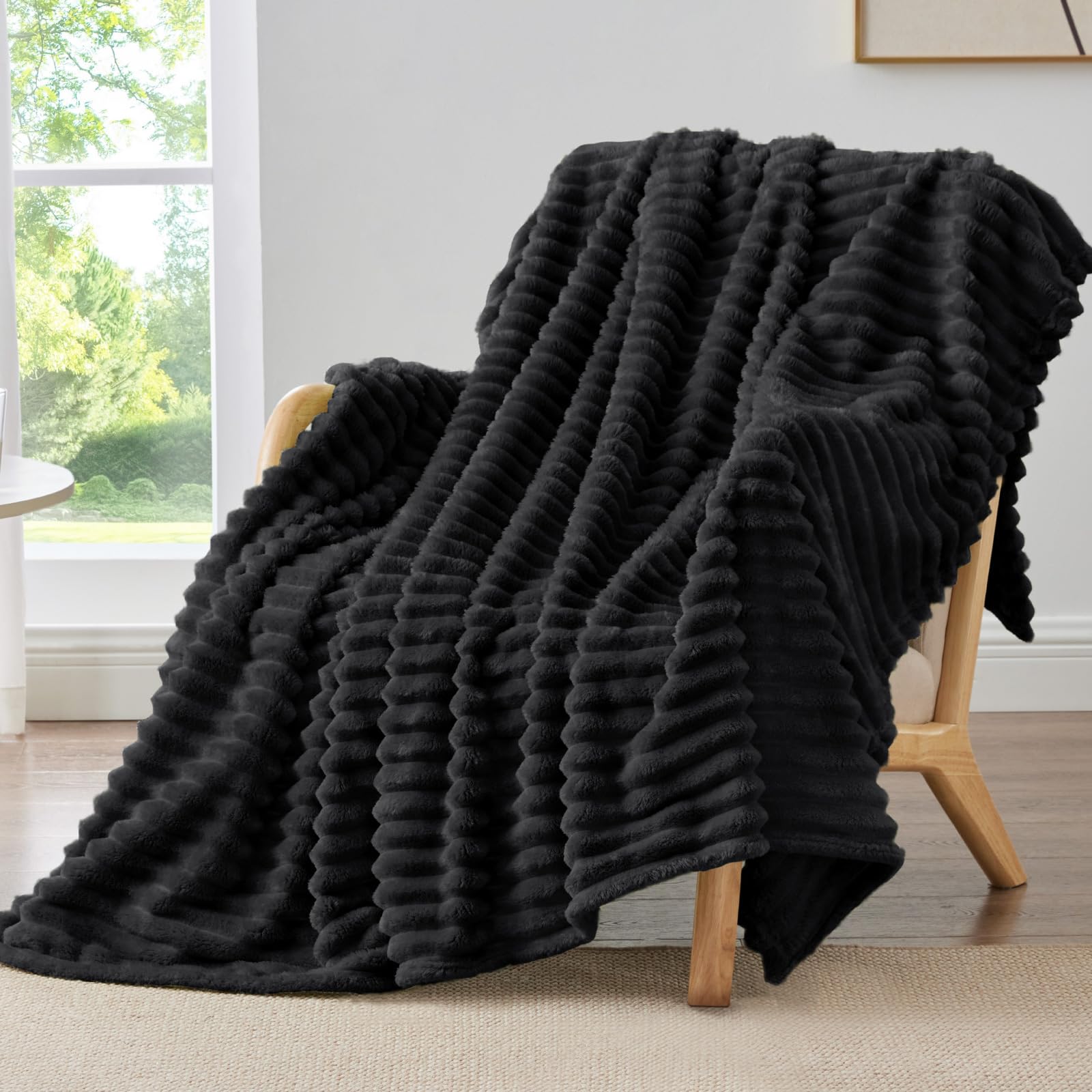 BEDELITE Ribbed Fleece Throw Blanket for Couch, Black, 50"x60"