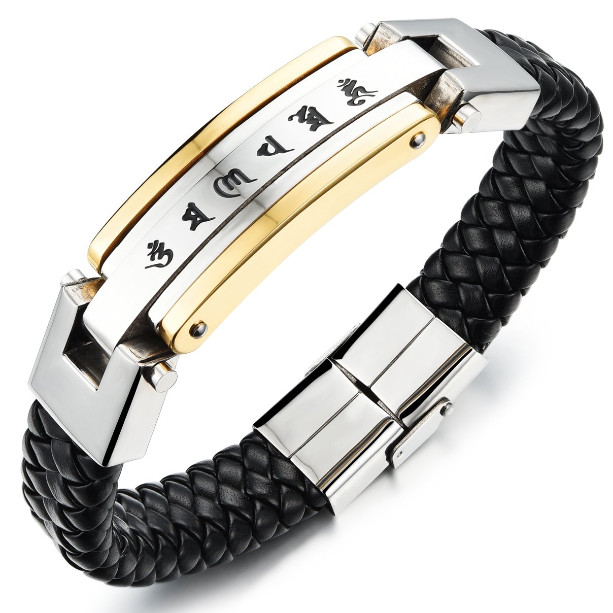 JewelryWe Mantra Prayer Om Mani Padme Hum Tibetan Yoga Meditation Stainless Steel Leather Bracelet - Golden