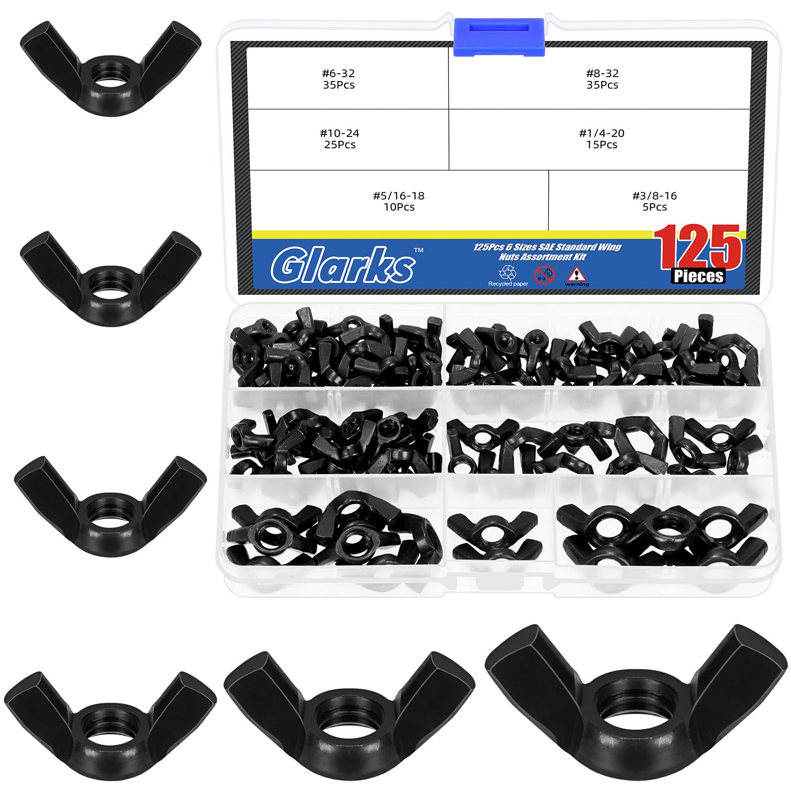 Glarks 125Pcs 6 Sizes Black Wing Nuts Assortment Kit, 3/8’’-16, 5/16’’-18, 1/4’’-20, #10-24, #8-32, #6-32 High Strength Carbon Steel Butterfly Nuts, Wing Bolt Fasteners