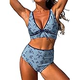 ZAFUL Womens High Waisted Bikini Sets Sexy V Neck Two Piece Swimsuit Cute Bow Ruched Bathing Suit