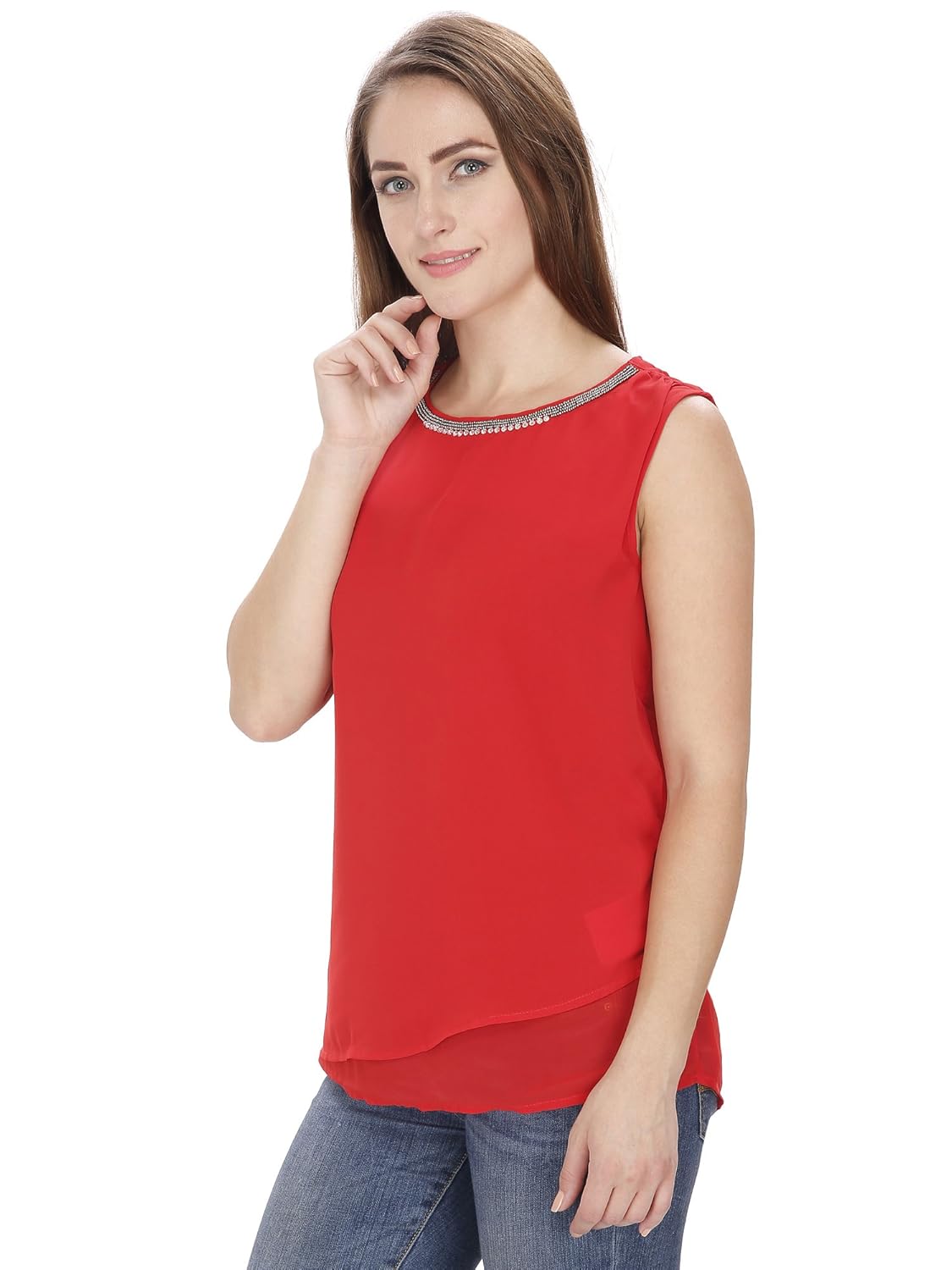 mansicollections casual sleeveless embellished red top for women