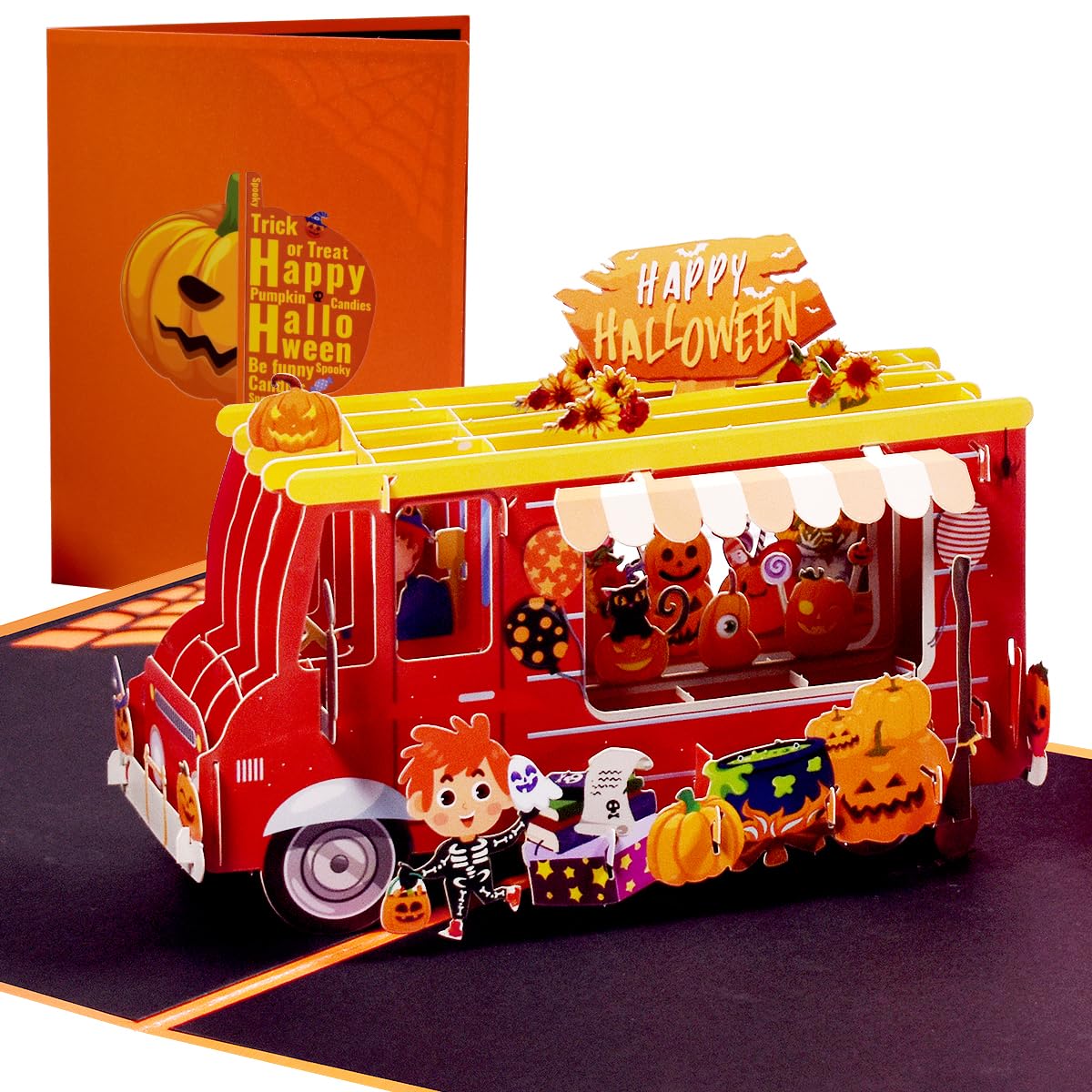 CNLITIHEKA Pumpkin Truck Halloween Pop Up Card, Trick or Treat Card, Happy Halloween Cards, 3D Halloween Greeting Cards for Kids, Family, Friends, Envelope Included.