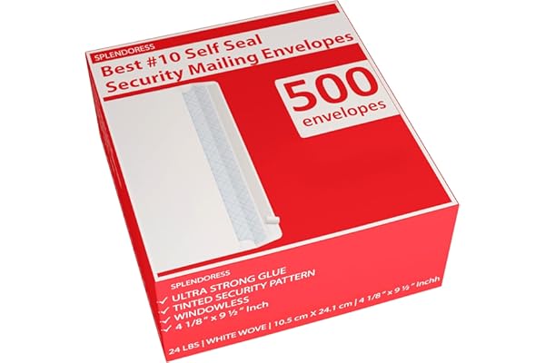 #10 Envelopes Letter Size Self Seal | 500 Business Mailing Security Peel and Sealing Envelope | 100% Tinted | no 10 White Windowless Legal Regular Plain Envelops Pack | 4-1/8 x 9-1/2 Inches | 24 LB