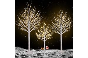 BHCLIGHT 3 Pack 4FT 5FT and 6FT 300LED Christmas Lighted Birch Tree, Timer Function Prelit Artificial Tree Lamp Plug in with Warm White Lights, Twinkling Twig Trees for Indoor Outdoor Christmas Decorations