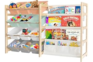 EXPERLAM Toy Storage Organizer with Bookshelf - 12 Storage Bins 4-Tier Multipurpose Shelf to Organize Toys and Books for Kids Room, Playroom, Nursery Room, Multi-Color