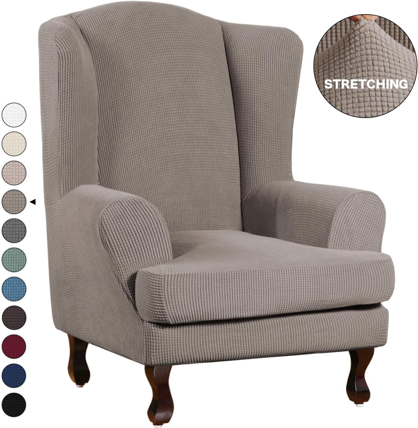 Turquoize Stretch Wing Chair Slipcover Wingback Armchair Chair Sofa Cover Furniture Protector 2-Piece with Elastic Bottom Anti-Slip Foam Kids Jacquard Fabric Small Checks (Wing Chair, Biscotti Beige): Furniture & Decor