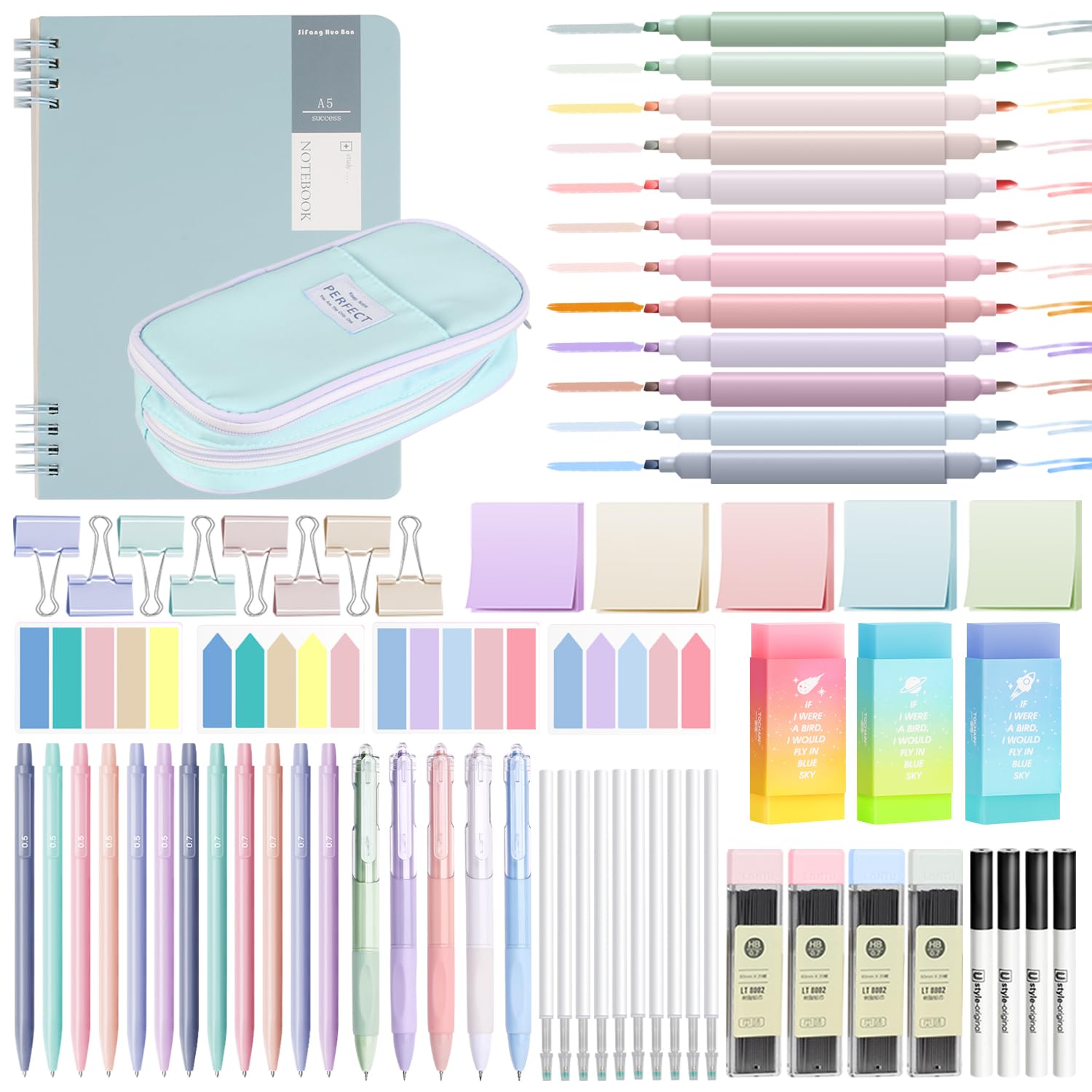 YIBONIKA 69 PCS Aesthetic School Supplies with Blue Pencil Case, 12 Pastel Highlighters, 5 Gel Pens, 12 Mechanical Pencils 0.5 & 0.7 mm, Notebook, Sticky Notes for School Office Stationery