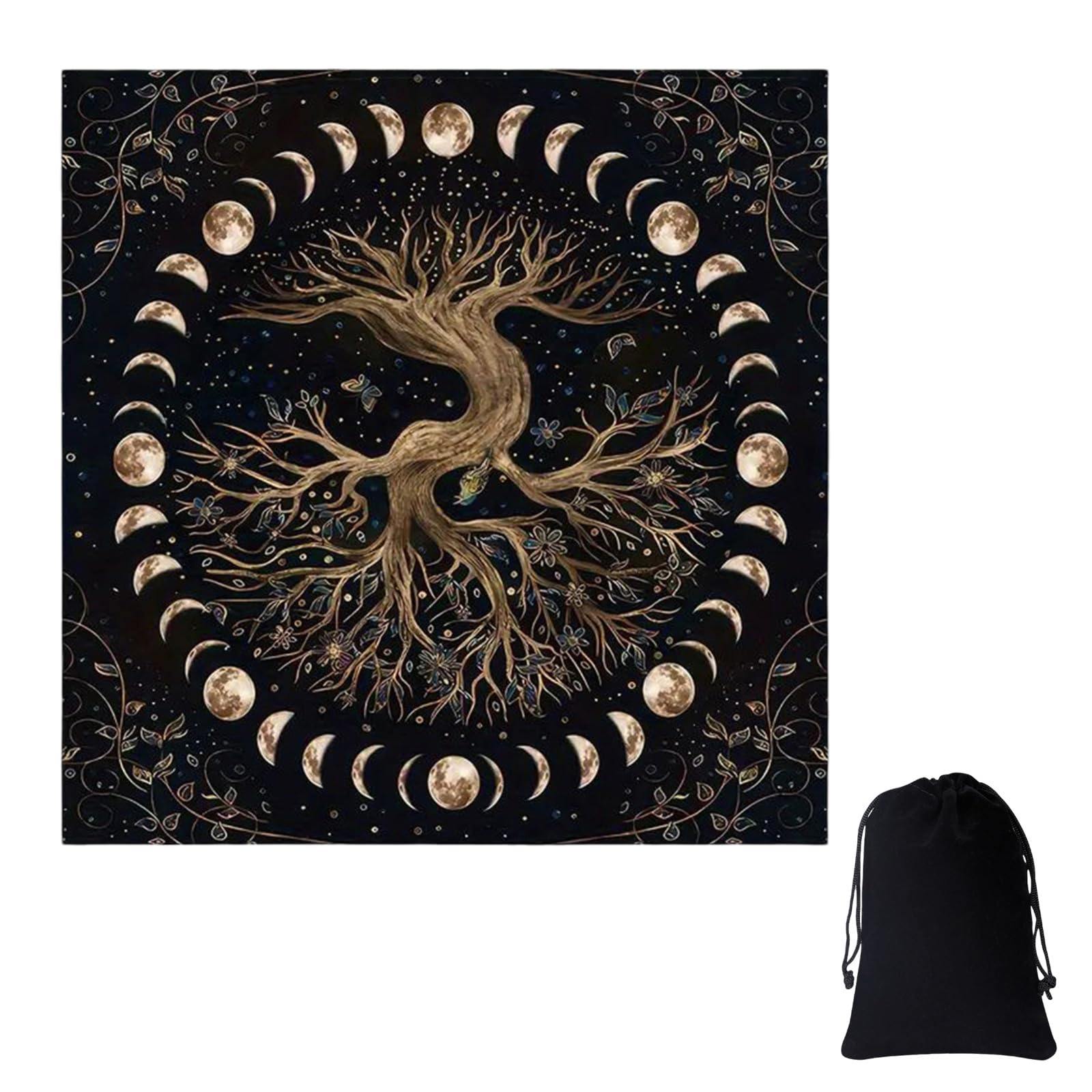HYMC 2 PCS Altar Cloth Set, Tarot Cloth, 49x49cm Color Black Tree of Life Design, Witchcraft Supplies for Tarot Reading, Meditation, Spiritual Rituals, Wiccan Decor, Choice(Include A Black Bag)