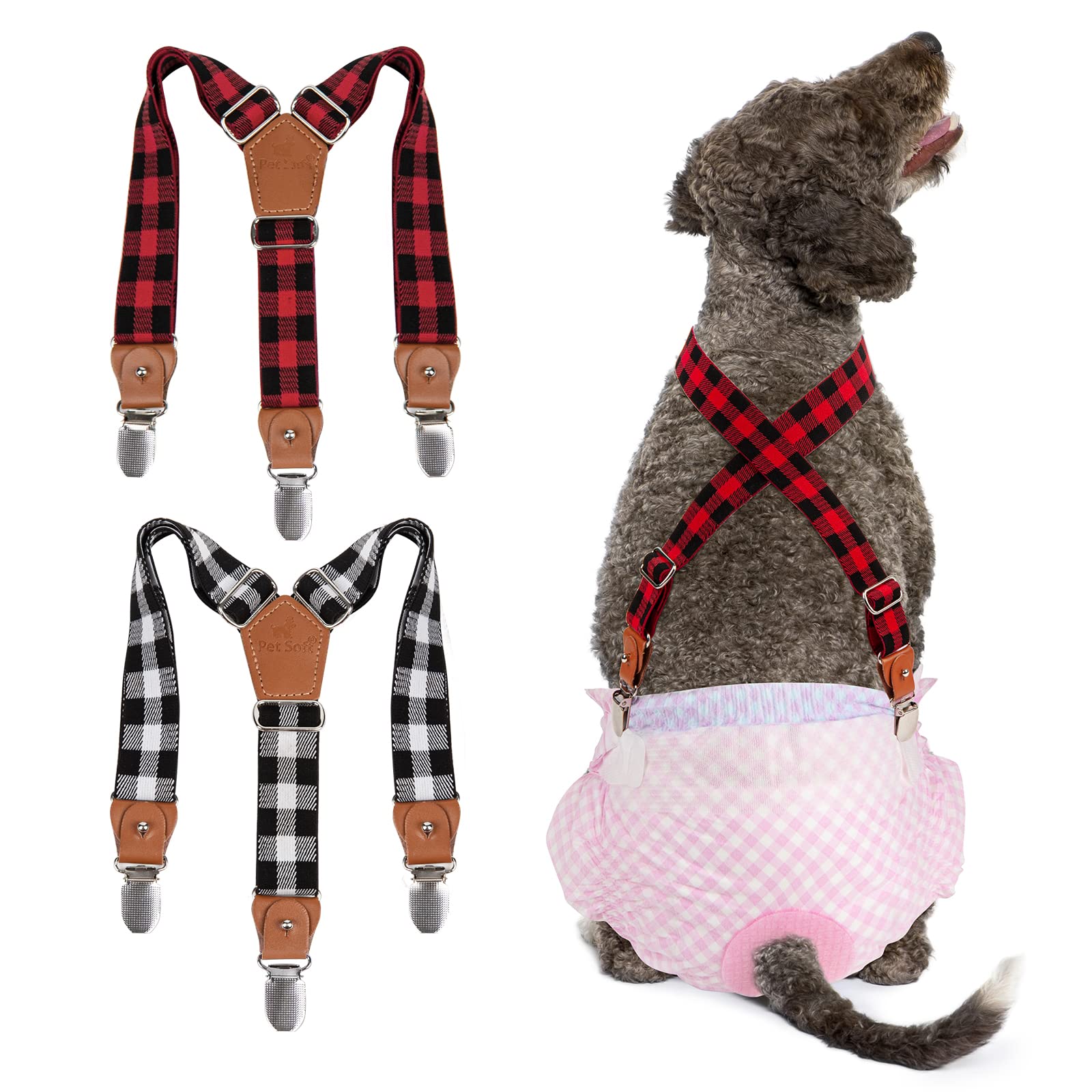 Photo 1 of Pet Soft Dog Suspenders 2 Pieces Female Dog Diaper Suspenders for Dogs Diaper Keeper Suspender for Dogs Skirt, Dogggy Dress (Plaid, S/M)
