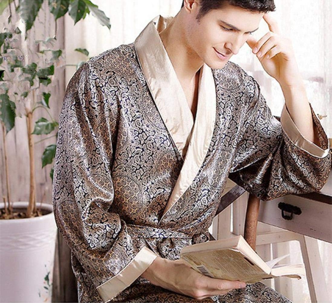 Men Sleepwear Mens Robes Silk Long Sleeve Nightgown Mens Bathrobe
