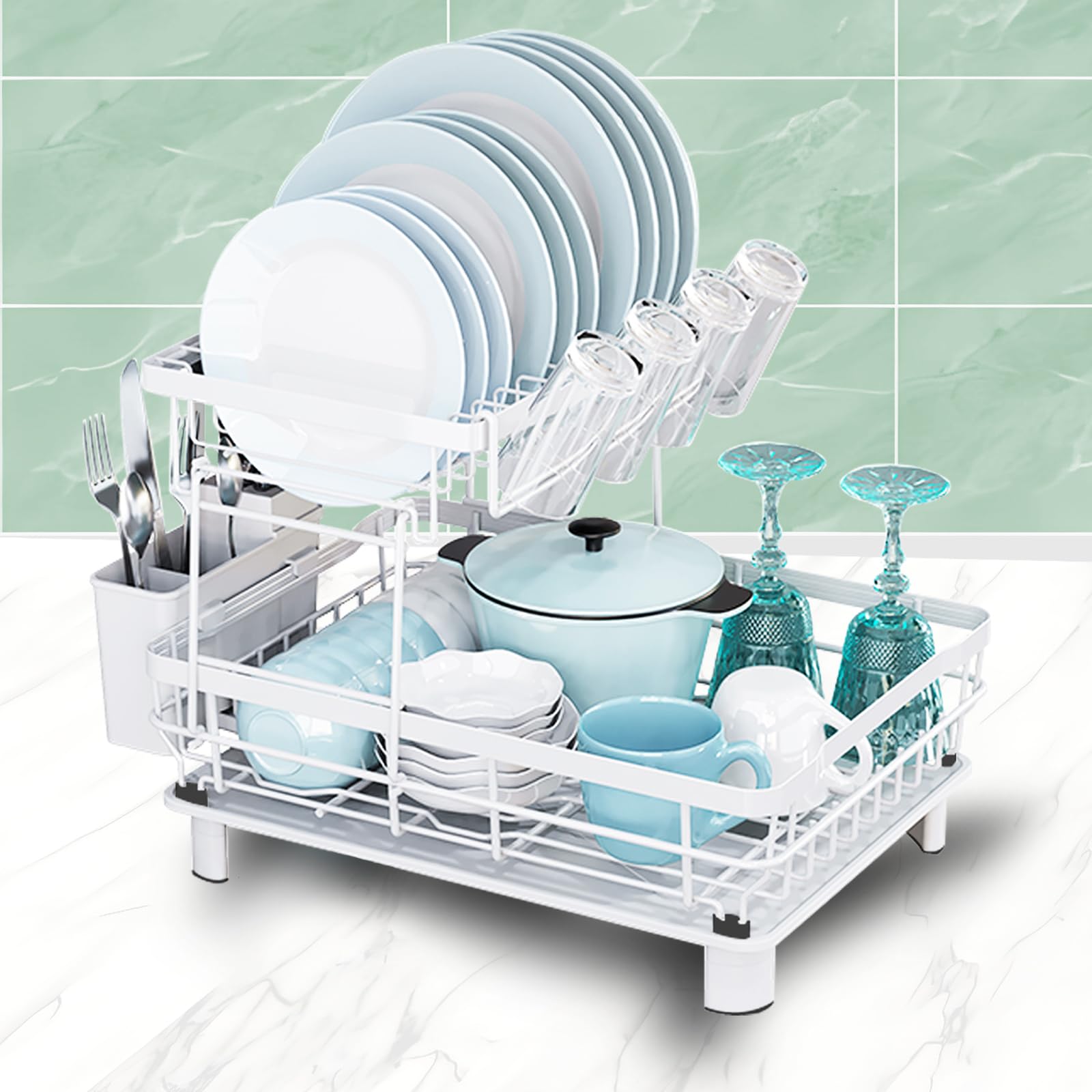 Photo 1 of GAXmi Dish Drying Rack Over The Sink Drainer with Drainboard Utensil Holder Cup Holder, 2-Tier White