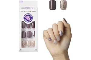 KISS imPRESS Press-On Manicure, Nail Kit, PureFit Technology, Short Press-On Nails, Square, 'Flawless', Includes Prep Pad, Mini Nail File, Cuticle Stick, and 30 Fake Nails Purple and Silver