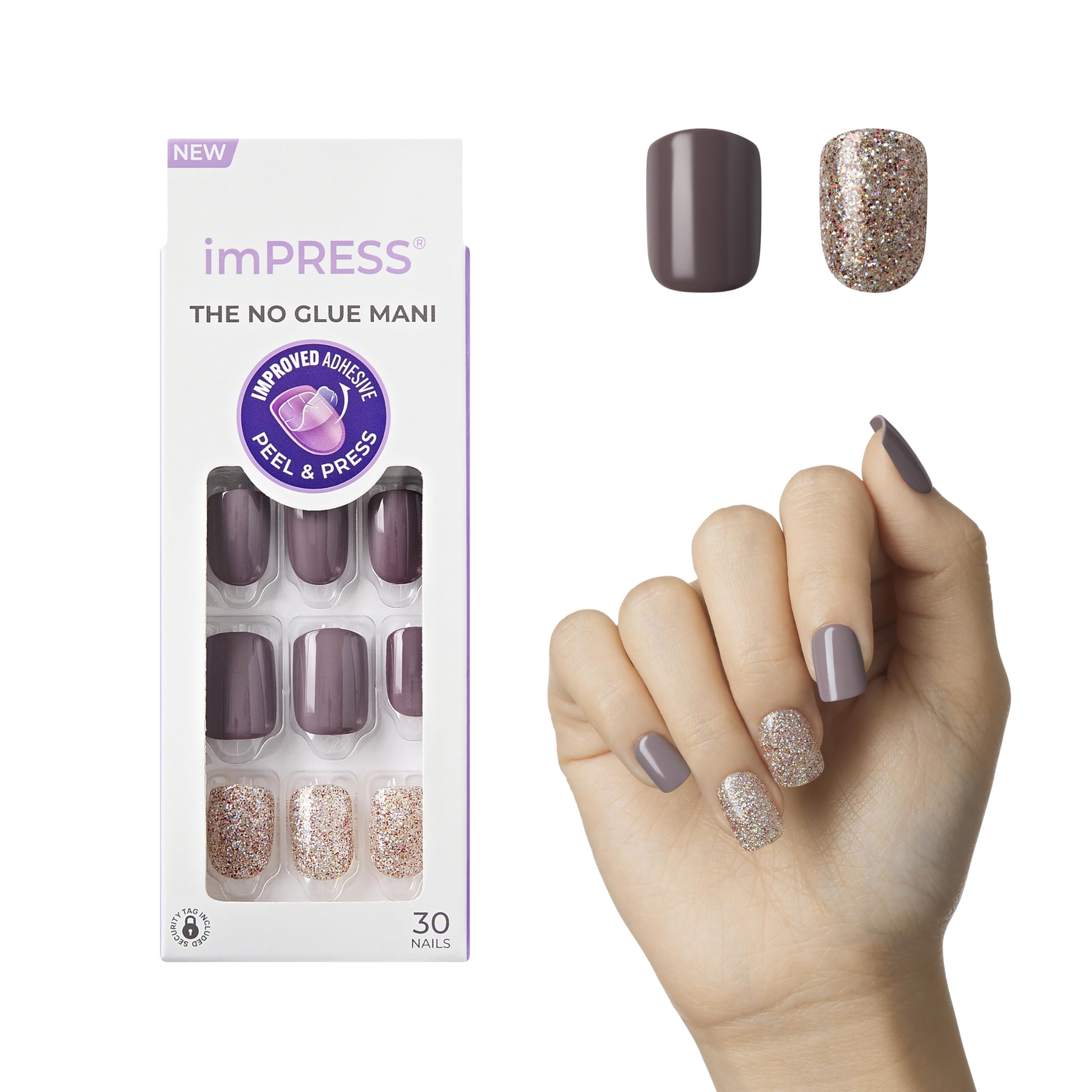 KISS imPRESS Press-On Manicure, Nail Kit, PureFit Technology, Short Press-On Nails, Square, 'Flawless', Includes Prep Pad, Mini Nail File, Cuticle Stick, and 30 Fake Nails Purple and Silver