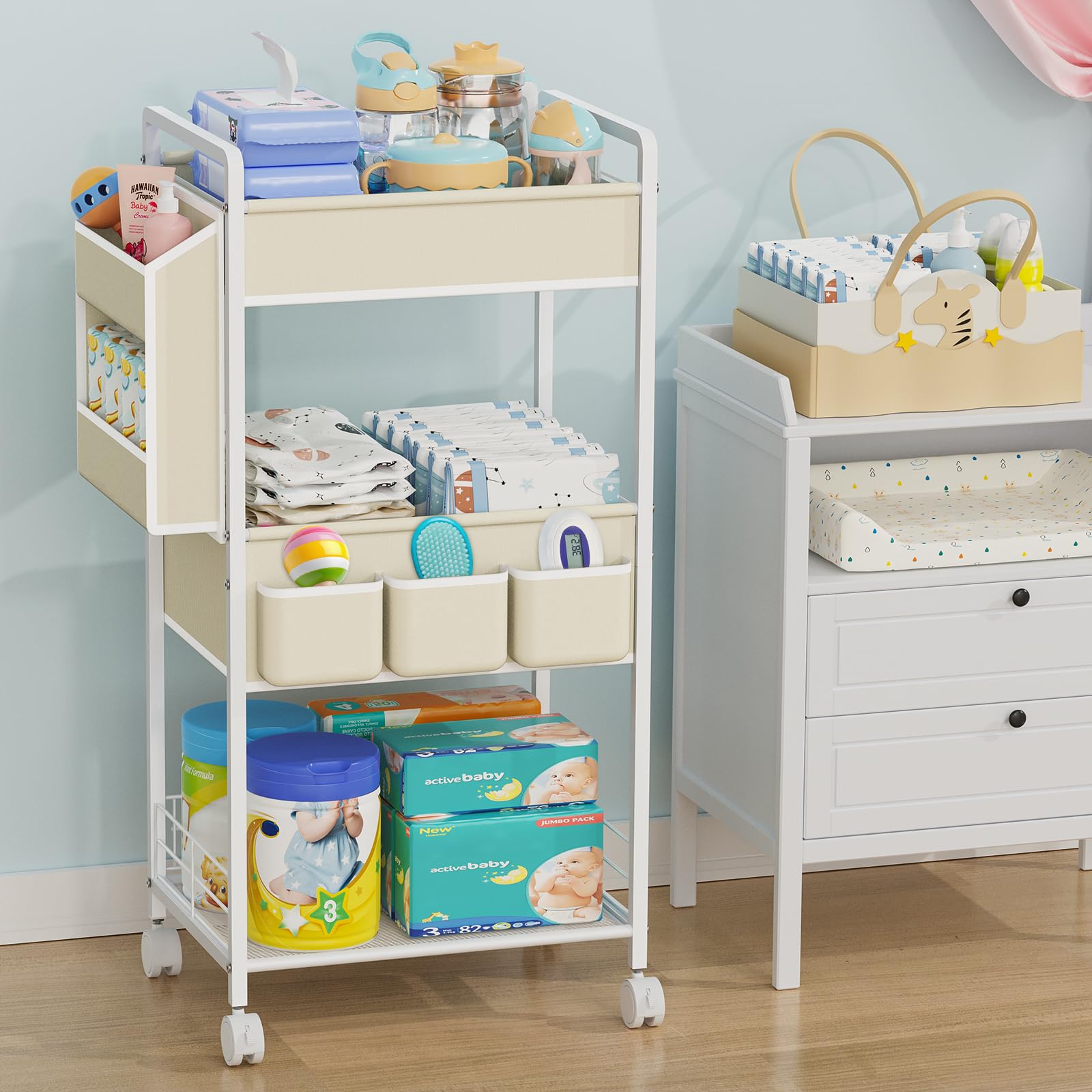 Photo 1 of JBBTOOL Baby Diaper Caddy Organize, 3 Tier Rolling Diaper Cart, Diaper Caddy with Dividers for Nursery, Bedroom, Changing Table, Crib, Large Capacity Detachable Bedside Cart with Wheels