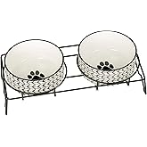 Signature Housewares Ceramic Pet Bowl Set - Food Water Bowls for Dogs and Puppies, Large Cats with Sturdy Metal Stand - Set of 2 6in. Bowls, 32 oz Each