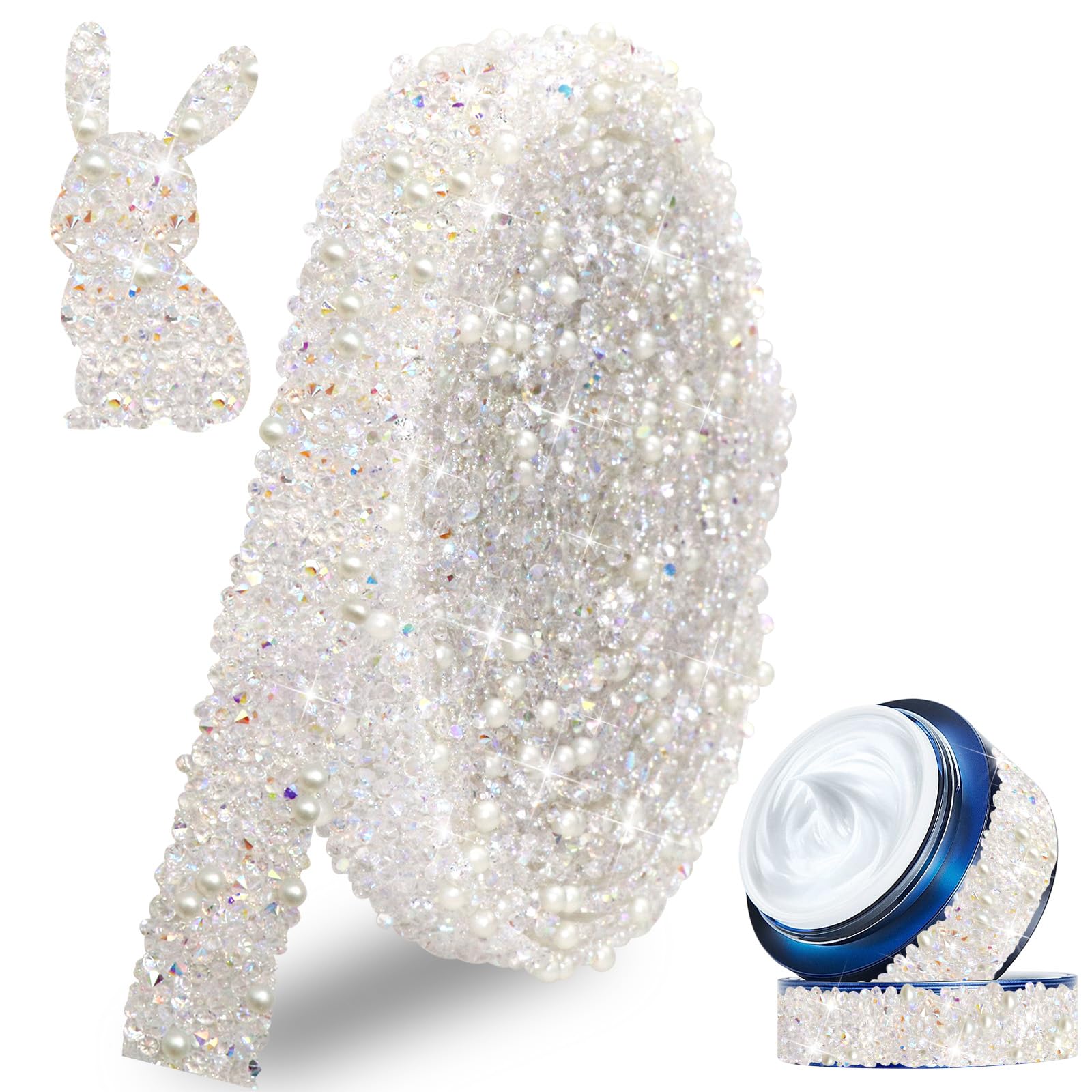 Photo 1 of FULZTEY 3Yards Pearls Self Adhesive Rhinestone Ribbon,Bling Clear Colorful AB Crystal Ribbon with White Pearls for DIY Crafts,1.3 CM Wide Crystal Rhinestone Trim for Car Wedding Party Decoration