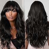 Allbell Long Black Wigs for Women Curly Synthetic Wig with Bangs Body Wave Natural Looking Heat Resistant Fiber Fake Hair for Daily Use
