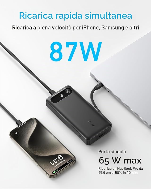 Power Bank 20000mAh 87W con Cavo USB C Integrato