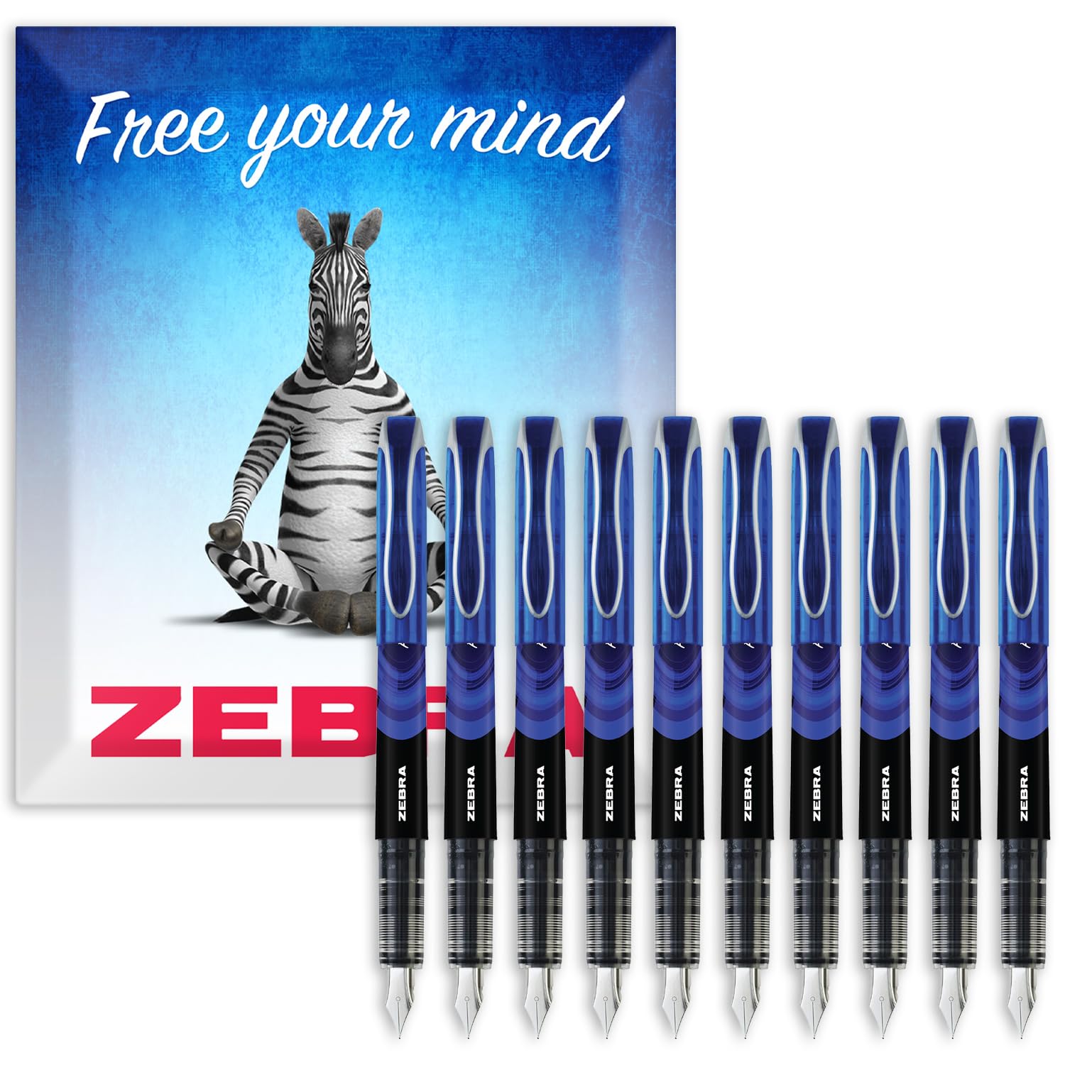 Zebra Fuente - Disposable Fountain Pen - 1.0mm Fine Nib 0.6mm Line Width - Blue Ink - Pack of 10 - In Envelope Gift Packaging