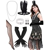 PLULON 1920s Dresses for Women, Sequin Fringed Gatsby Flapper Cocktail Dresses with 20s Accessories Set, Roaring 20s Costumes