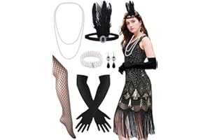 PLULON 1920s Dresses for Women, Sequin Fringed Gatsby Flapper Cocktail Dresses with 20s Accessories Set, Roaring 20s Costumes