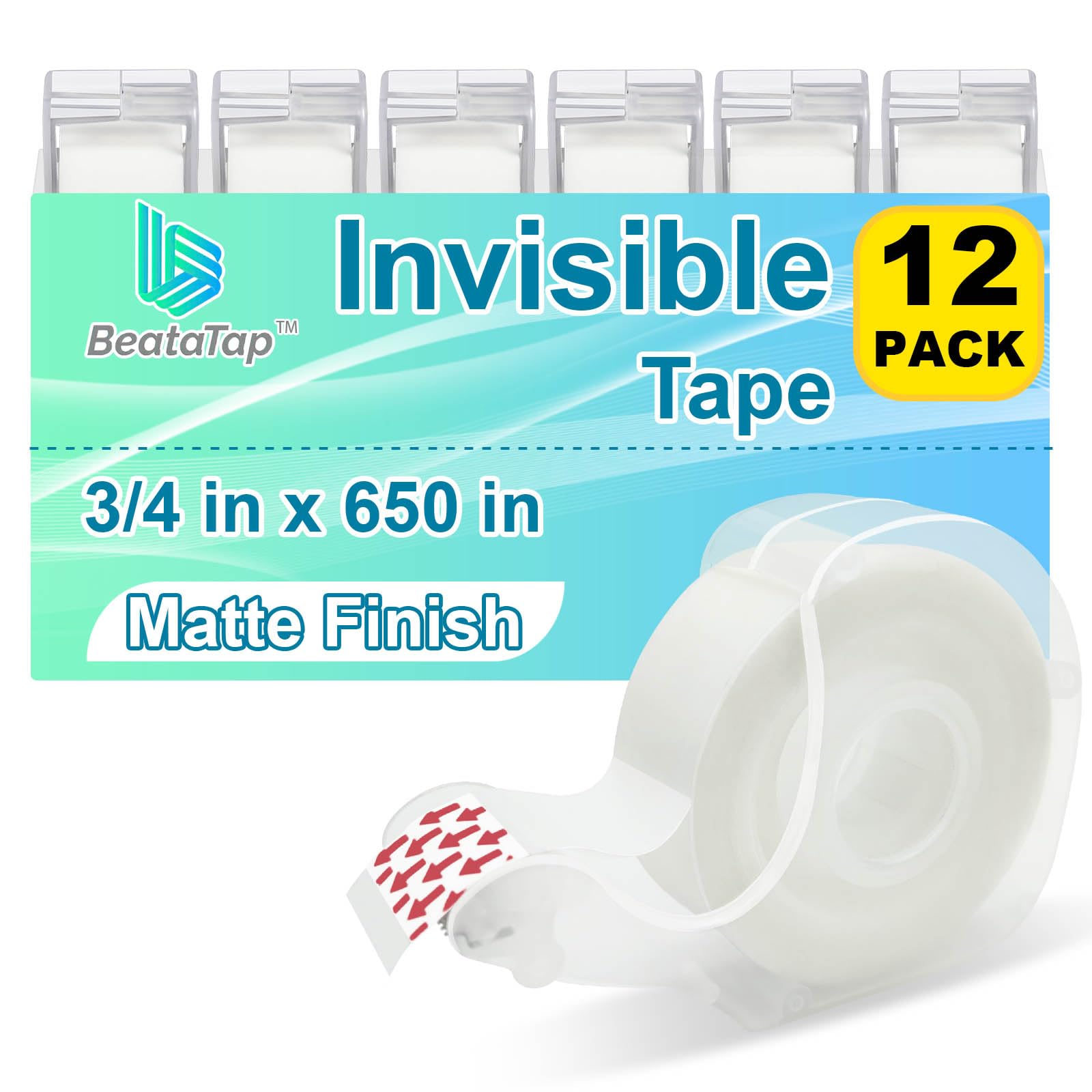 BeataTap Tape Bulk, Clear Tape, Invisible, Matte Finish, Writable, 3/4 in x 650 in, Transparent Tape, 12 Rolls with Dispensers, Ideal for Gift Wrapping, School Supplies & Office Use
