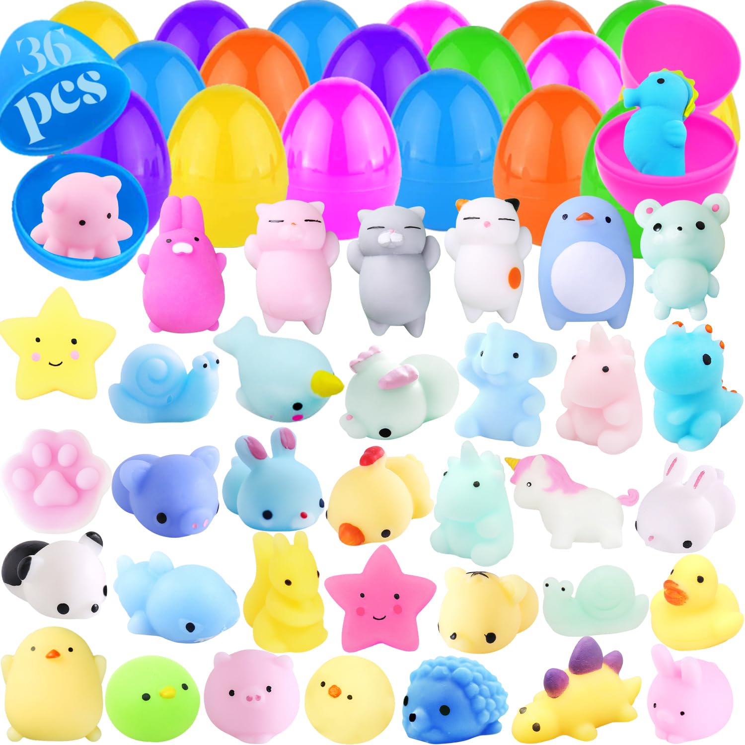 Photo 1 of 36Pack Mochi Squishy Filled with Easter Eggs Toys, Colorful Filled Surprise Easter Eggs with Mini Animal Squishies Toys for Kids Adults Classroom Prize Supplies, Easter Party Favor, Basket Stuffers