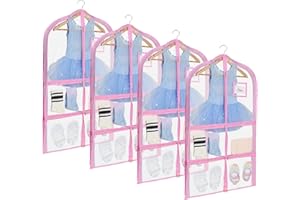 Fanwoli Dance Costume Bags (4 Pack Clear PVC), 40 Inch Garment Bag for Dance Competitions, Cheerleader Uniform Bag, with 4 Zipper Pockets