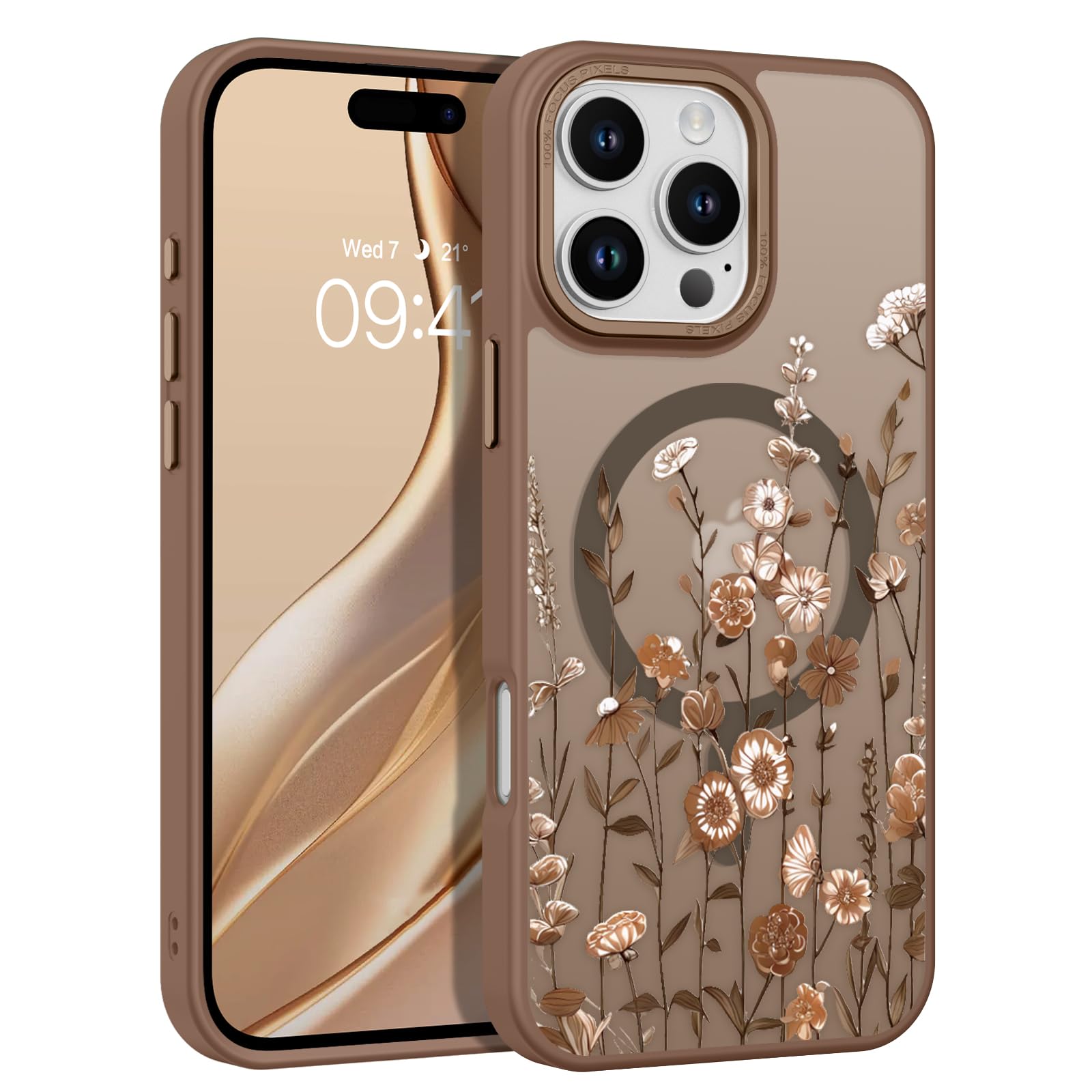 DOMAVER for iPhone 16 Pro Case, Magnetic Phone Case for iPhone 16 Pro [Compatible with MagSafe] Slim Fit Flowers Floral Design Shockproof Protective Bumper Women Men Girls Boys Cover- Brown