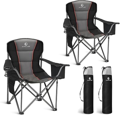 ALPHA CAMP Set of 2 Camping Chairs Heavy Duty Up to 200 kg Folding with Cup
