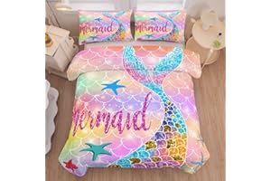 NINENINE Mermaid Bedding Sets 5PCS Twin Size Comforter Sets for Girls, Glitter Bedding Set Toddler Comforter Sets for Girls (1Comforter, 1Flat Sheet, 1Fitted Sheet, 2Pillowcases)