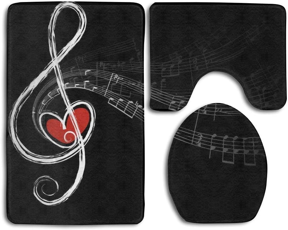 Music Symbols Love Fashion Bathroom Rug Mats Set 3 Piece Anti-skid Pads Bath Mat + Contour + Toilet Lid Cover