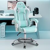 ALEAVIC Gaming Chair with Massager, Fabric Gaming Chairs for Adults, Ergonomic Gamer Chair with Adjustable Headrest and Lumbar Support, Reclining Computer Game Chair, High Back, Light Blue