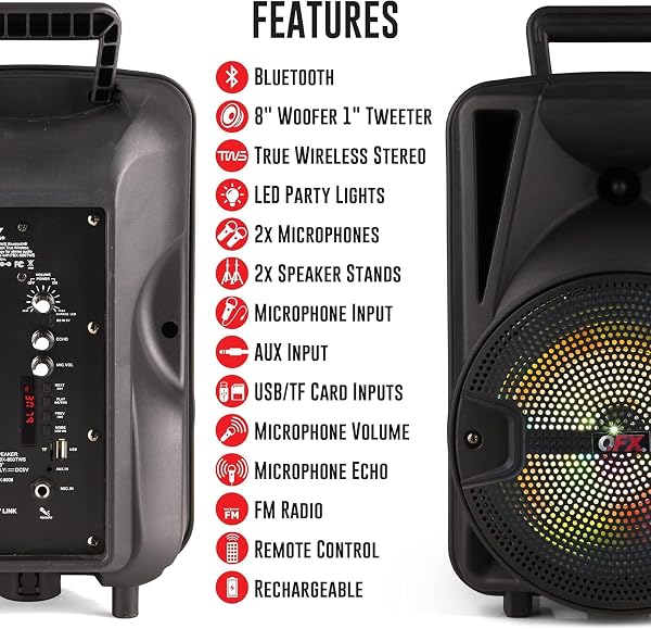 QFX PBX-800TWS 8-INCH TWS BLUETOOTH STEREO PA SYSTEM WITH 2 8″ SPEAKERS, 2 MICROPHONES, 2 STANDS, AND A REMOTE CONTROL