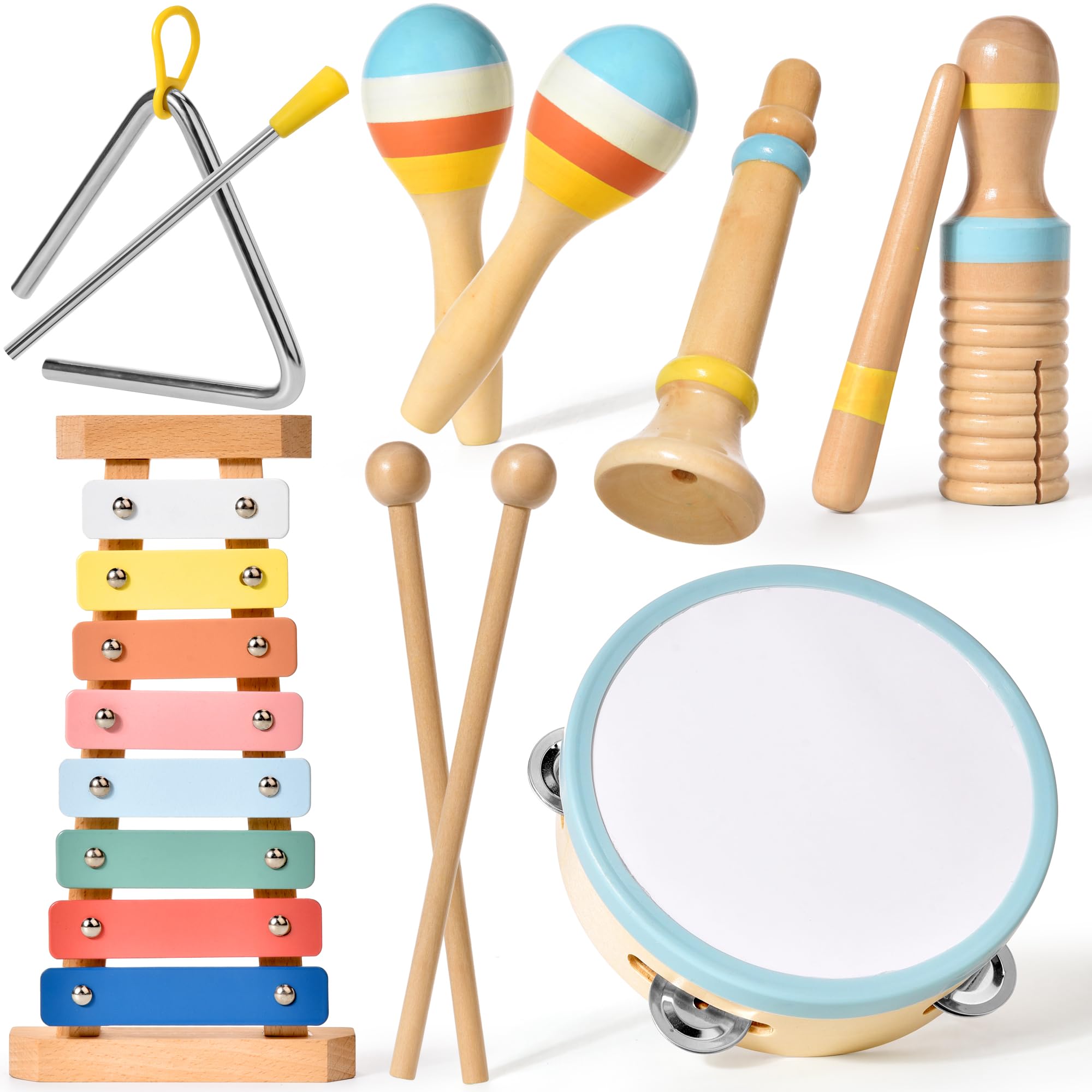 Kids Musical Instruments,Montessori Wooden Toys for Baby 1-3 Years Old,6 In 1 Musical Instrument Wooden Toys, Percussion Instruments Set Aesthetic Modern Boho Xylophone Preschool for 12-18M+ Kids Gift